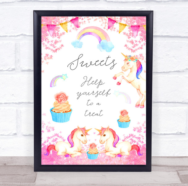 Pink Unicorn Rainbows Sweets Help Yourself Birthday Personalized Party Sign