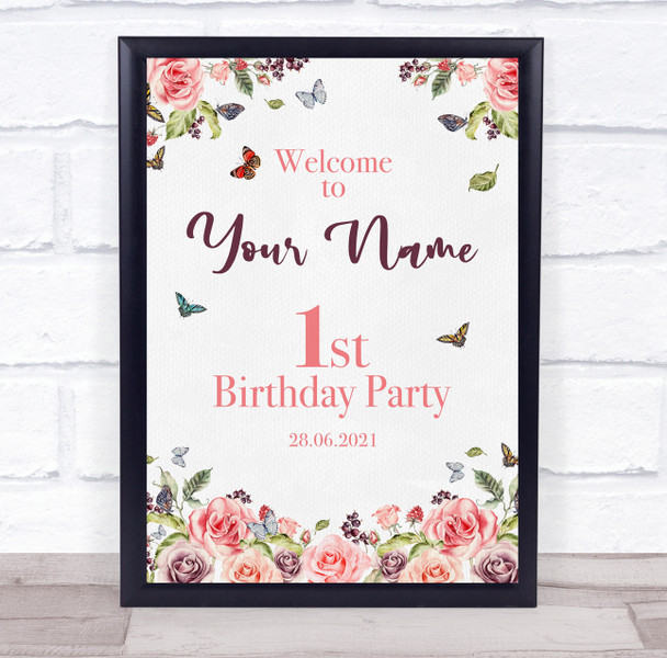 Pink Rose Floral Border Birthday Personalized Event Party Decoration Sign