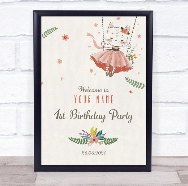 Cat On Swing Birthday Personalized Event Occasion Party Decoration Sign