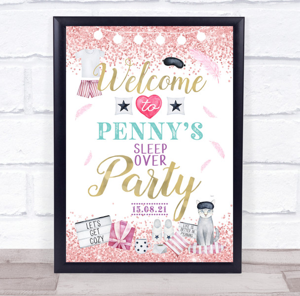 Sleepover Birthday Rose Gold Sparkle Cat Personalized Event Party Sign