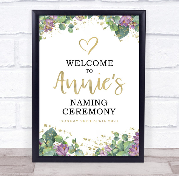 Purple Floral & Gold Naming Ceremony Personalized Event Party Decoration Sign