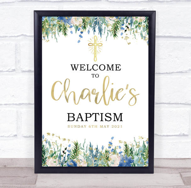 Blue Floral & Gold Baptism Date Personalized Event Party Decoration Sign