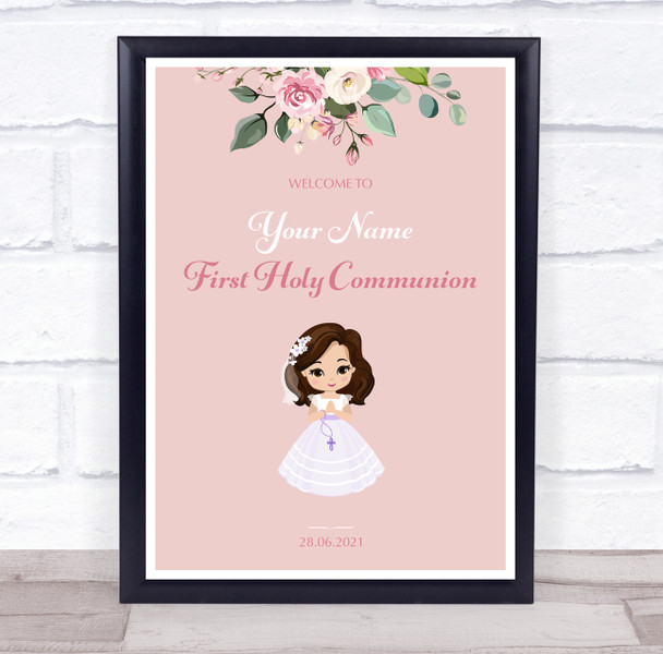 Brown Haired Girl First Holy Communion Personalized Event Party Decoration Sign