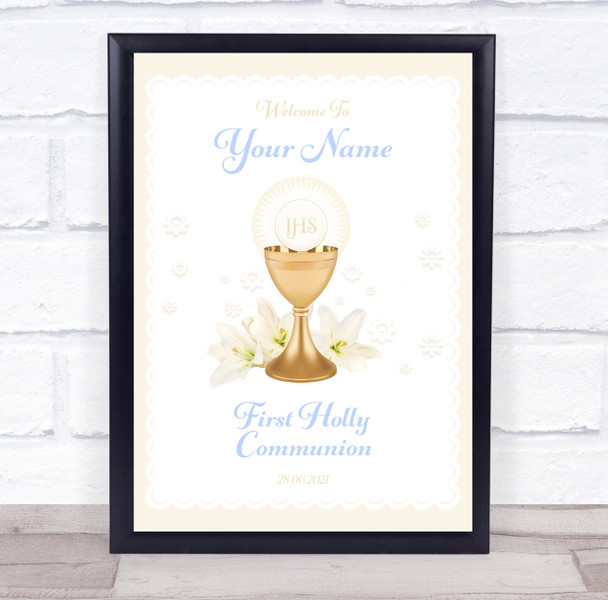 Blue First Holly Communion Welcome Personalized Event Party Decoration Sign