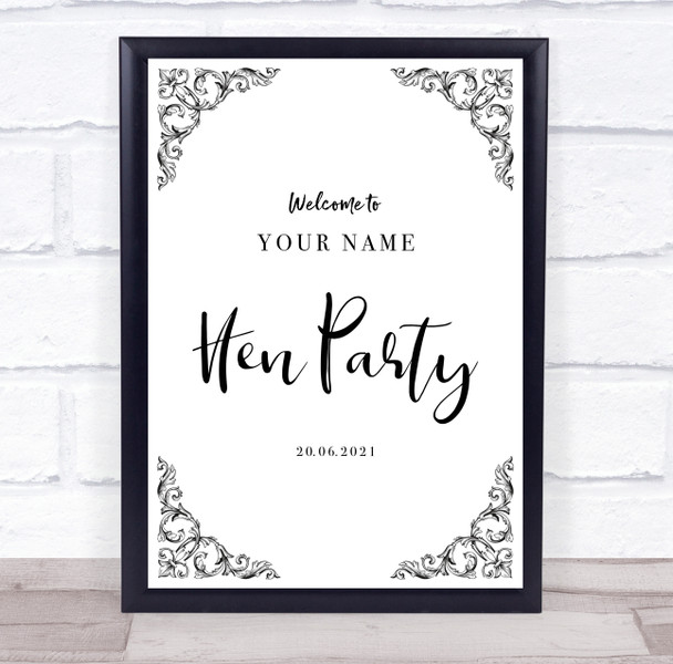 Black And White Swirl Corners Welcome To Hen Do Personalized Event Party Sign
