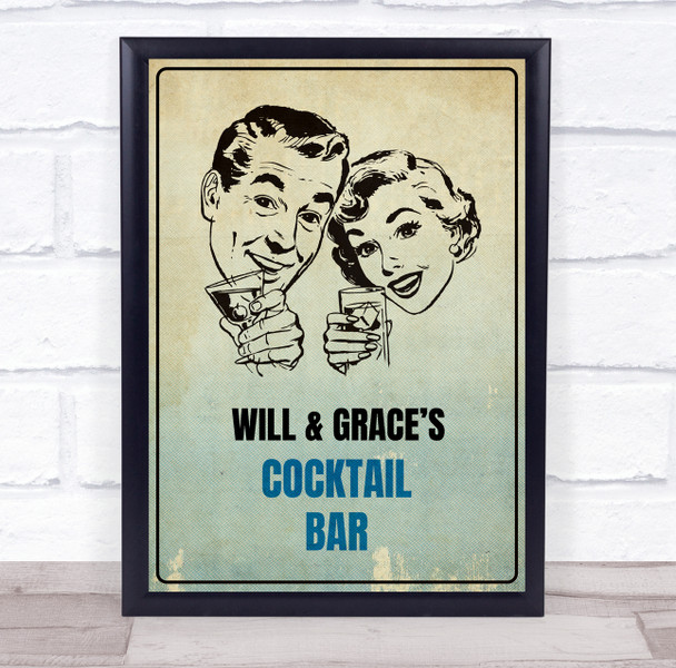 Vintage Couple Blue Smile Cocktail Bar Version Room Personalized Wall Art Sign