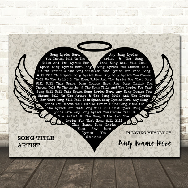 Heart Angel Wings Halo Memorial Any Song Lyric Personalized Music Wall Art Print