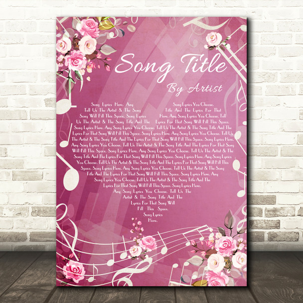 Pink Floral Music Notes Heart Any Song Lyric Personalized Music Wall Art Print