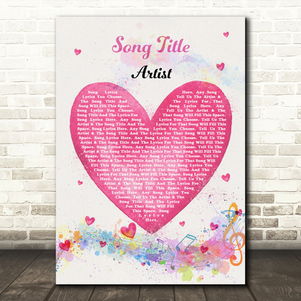 Pink Heart Colourful Music Notes Any Song Lyric Personalized Music Art Print