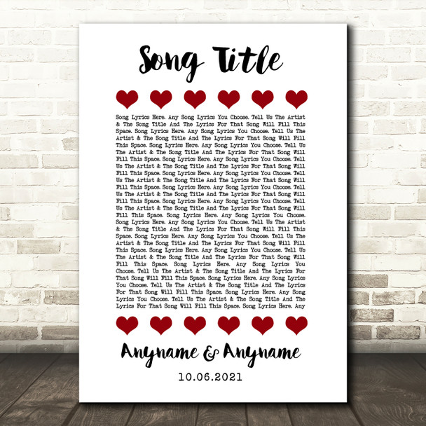 Red Hearts In Row Any Song Lyric Personalized Music Wall Art Print