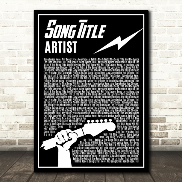 Black & White Guitar Lightening Rock Any Song Lyric Personalized Music Art Print