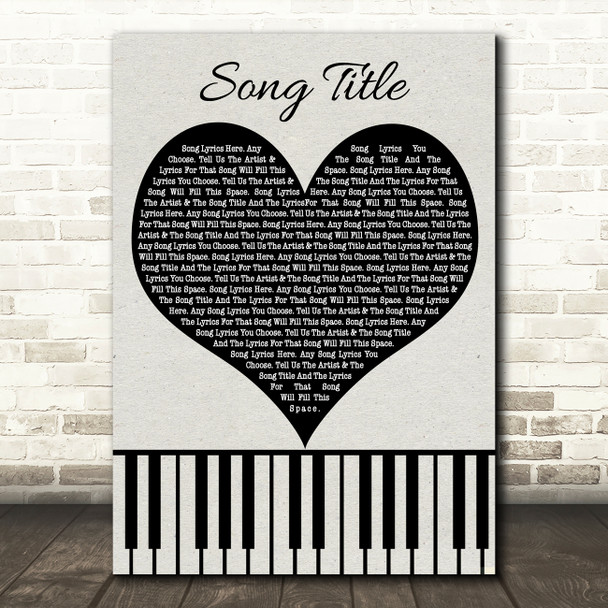 Black Heart & Piano Keys Any Song Lyric Personalized Music Wall Art Print