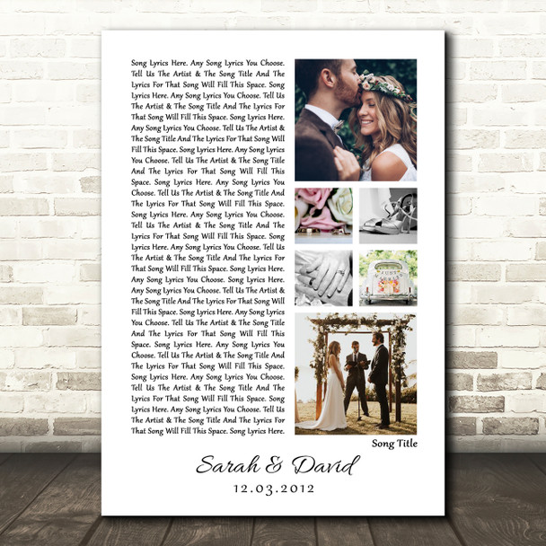 3 or 6 Square Wedding Photos White Side Script Any Song Lyric Wall Art Print