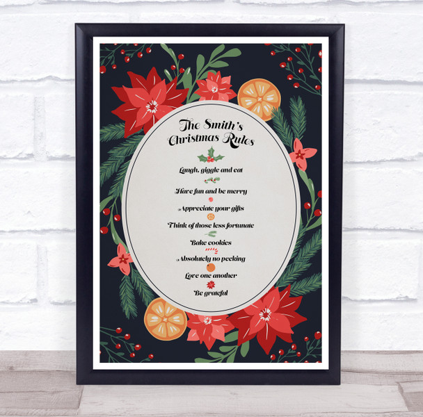 Personalized Family Name Oranges Dark Blue Christmas Rules Event Sign Print