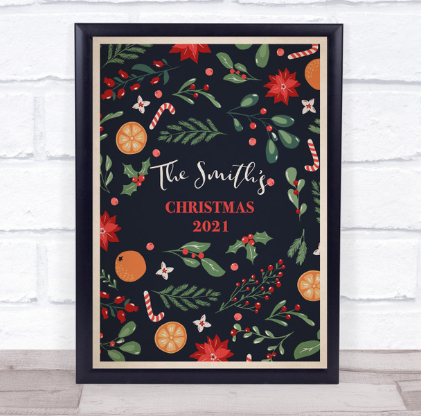 Personalized Oranges Dark Blue Family Name Christmas Event Sign Print