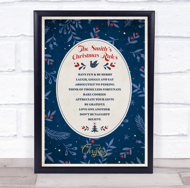 Personalized Family Name Dark Blue Christmas Rules Event Sign Print
