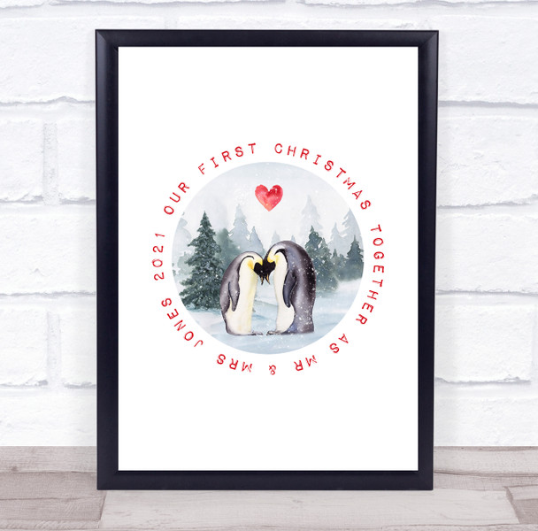 Personalized Mr Mrs Penguin First Christmas Event Sign Print