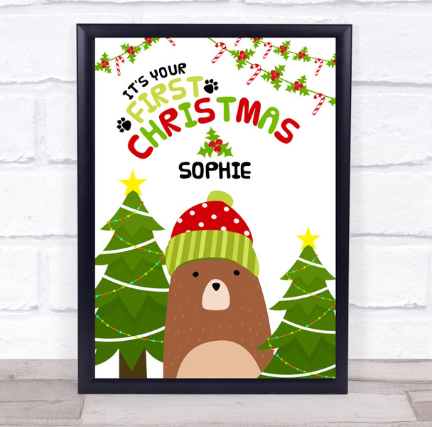 Personalized First Christmas Bear With Hat Event Sign Print