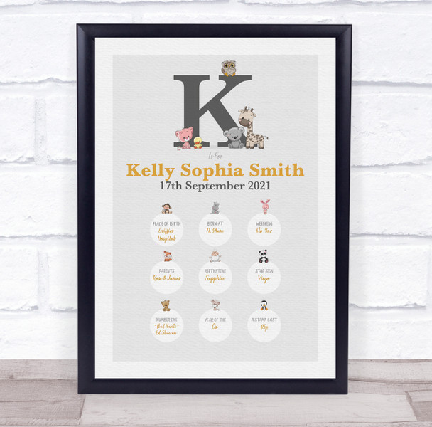 New Baby Birth Details Christening Nursery Animals Initial K Keepsake Gift Print