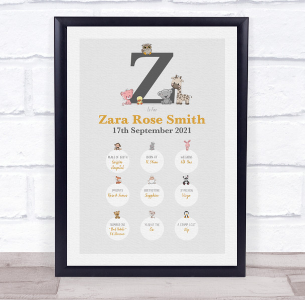 New Baby Birth Details Christening Nursery Animals Initial Z Keepsake Gift Print