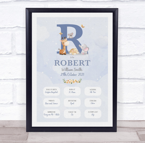 New Baby Birth Details Christening Nursery Blue Initial R Keepsake Gift Print