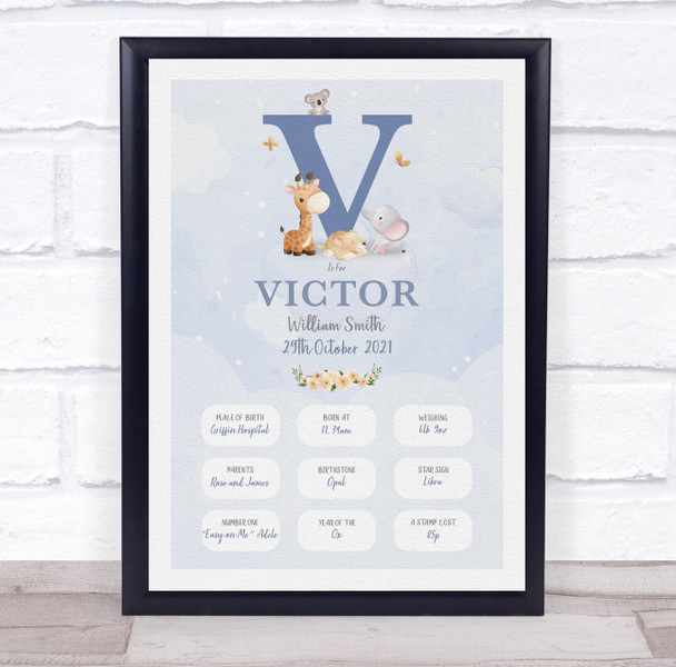 New Baby Birth Details Christening Nursery Blue Initial V Keepsake Gift Print