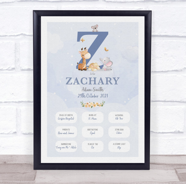 New Baby Birth Details Christening Nursery Blue Initial Z Keepsake Gift Print