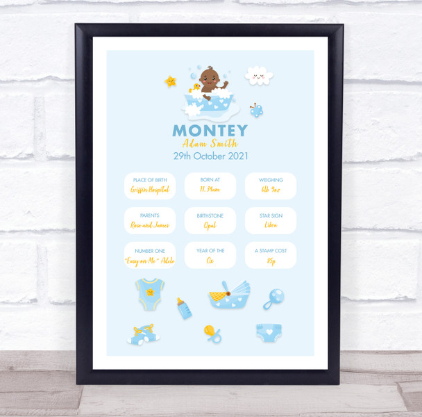New Baby Birth Details Christening Nursery Dark Skin Boy In Bath Gift Print