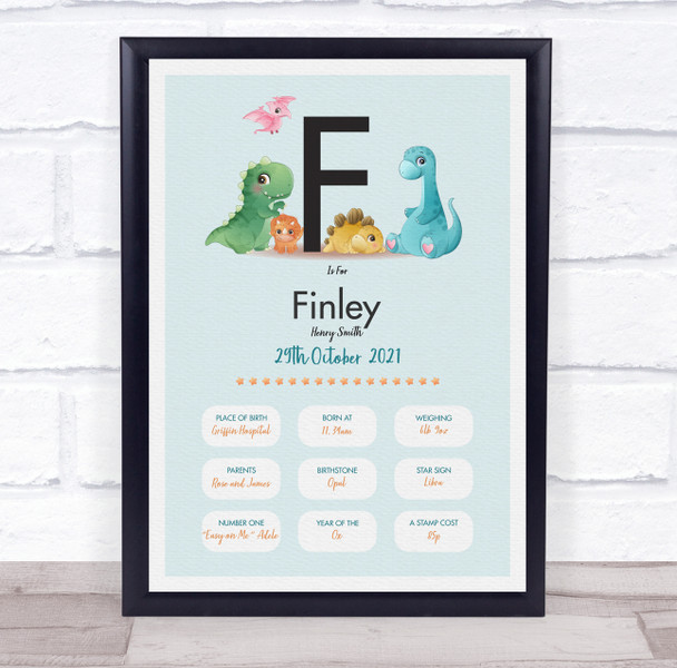 New Baby Birth Details Christening Nursery Dinosaur Initial F Gift Print