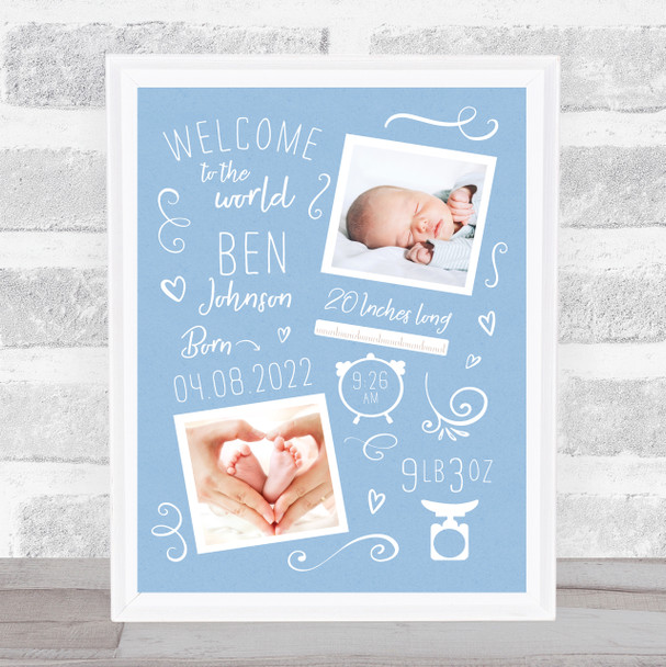 New Baby Birth Details Typographic Doodle 2 Photos Blue Keepsake Gift Print