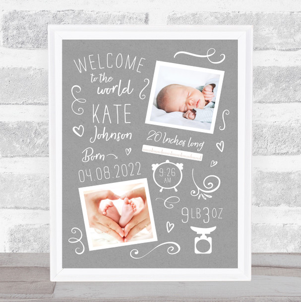 New Baby Birth Details Typographic Doodle 2 Photos Grey Keepsake Gift Print