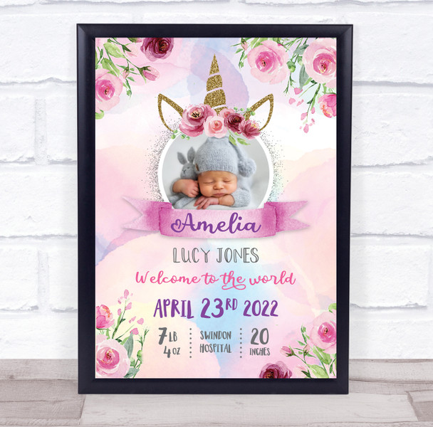 New Baby Birth Details Nursery Christening Unicorn Floral Photo Gift Print