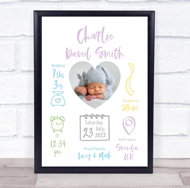 New Baby Birth Nursery Christening Doodle Icons Photo Keepsake Gift Print