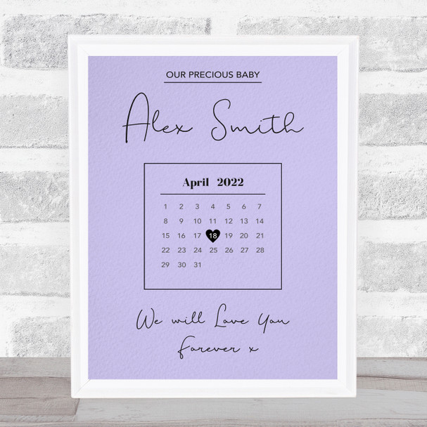 Precious Baby Due Date Birthday Special Date Calendar Memorial Purple Print