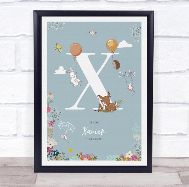 New Baby Birth Details Christening Nursery Woodland Animals Initial X Gift Print