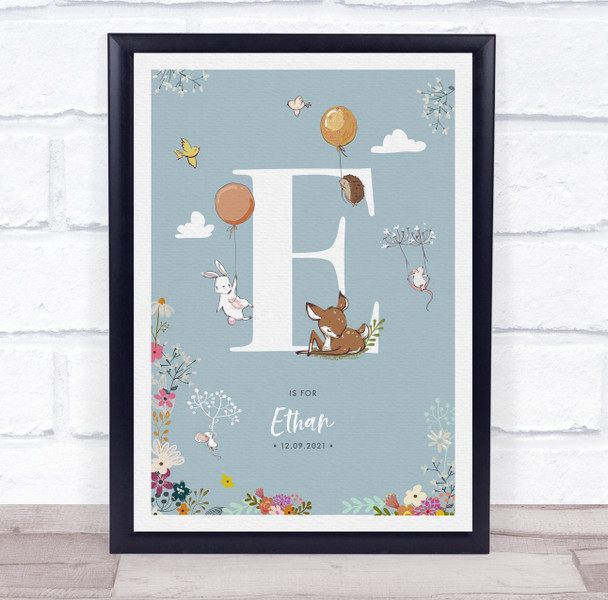 New Baby Birth Details Christening Nursery Woodland Animals Initial E Gift Print