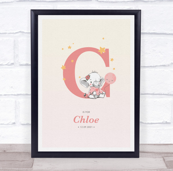 Pink Baby Girl Elephant Initial C Baby Birth Details Nursery Christening Print