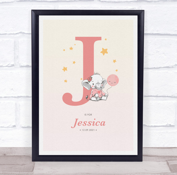 Pink Baby Girl Elephant Initial J Baby Birth Details Nursery Christening Print
