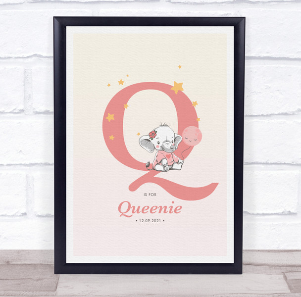 Pink Baby Girl Elephant Initial Q Baby Birth Details Nursery Christening Print