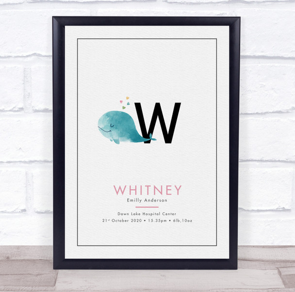 New Baby Birth Details Christening Nursery Initial W Whale Keepsake Gift Print