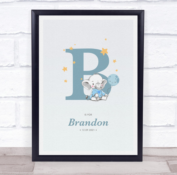 New Baby Birth Details Christening Nursery Blue Elephant Initial B Gift Print