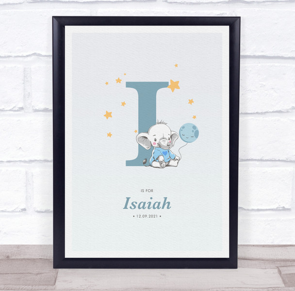 New Baby Birth Details Christening Nursery Blue Elephant Initial I Gift Print