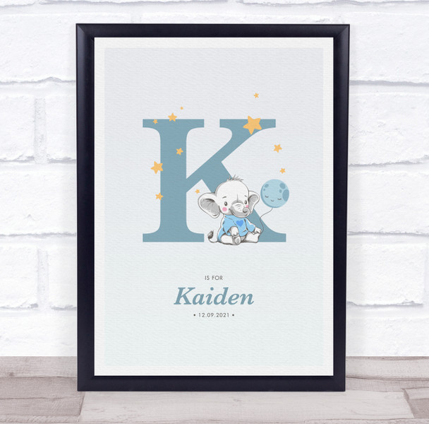 New Baby Birth Details Christening Nursery Blue Elephant Initial K Gift Print