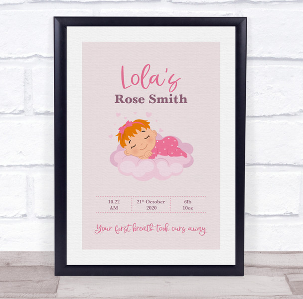 New Baby Birth Details Christening Nursery Red Hair Girl Keepsake Gift Print