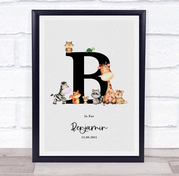 New Baby Birth Details Nursery Jungle Animals Initial B Keepsake Gift Print