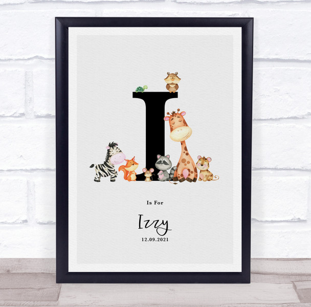 New Baby Birth Details Nursery Jungle Animals Initial I Keepsake Gift Print