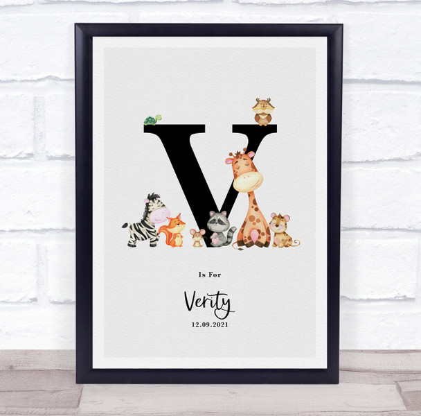 New Baby Birth Details Nursery Jungle Animals Initial V Keepsake Gift Print