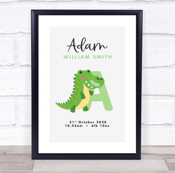 New Baby Birth Details Christening Nursery Alligator Initial A Gift Print