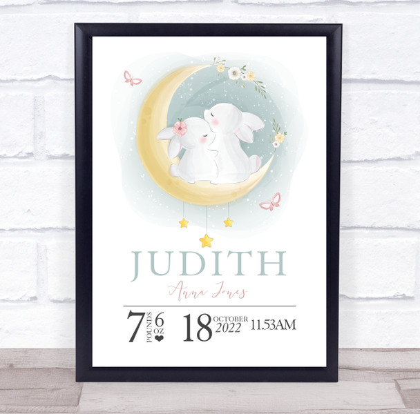 New Baby Birth Details Christening Nursery Bunny Moon Keepsake Gift Print