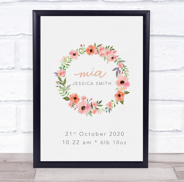 New Baby Birth Details Christening Nursery Pink Flower Wreath Gift Print